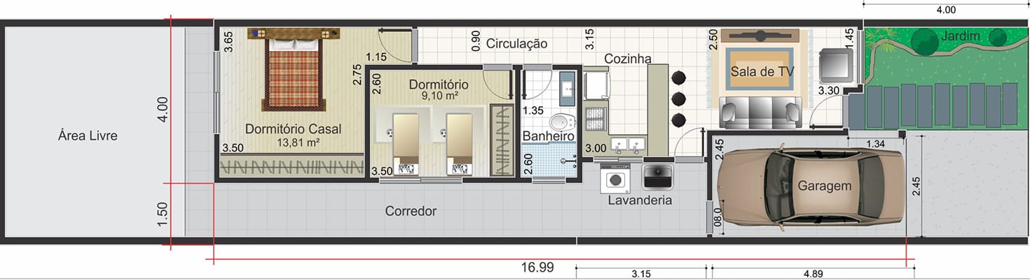 Planta de casa térrea com telhado embutido. Planta para terreno 5,50x25