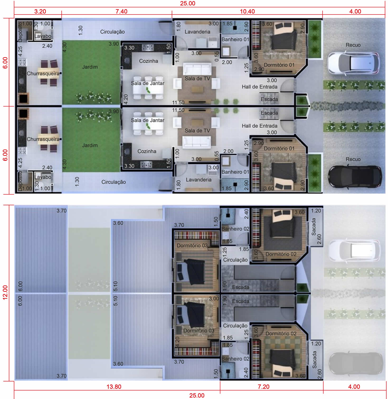 Planta de sobrado geminado com 3 quartos. Planta para terreno 12x25