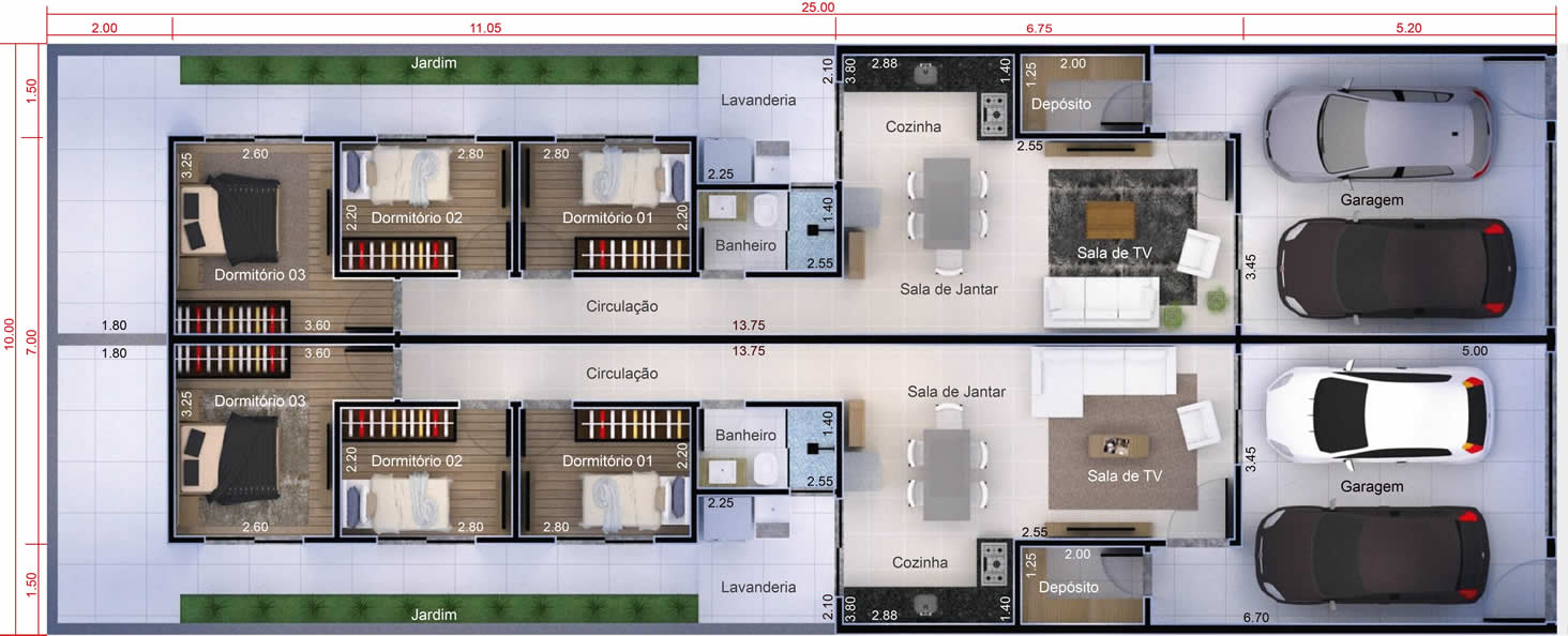 Planta de casa geminada com 3 quartos. Planta para terreno 10x25