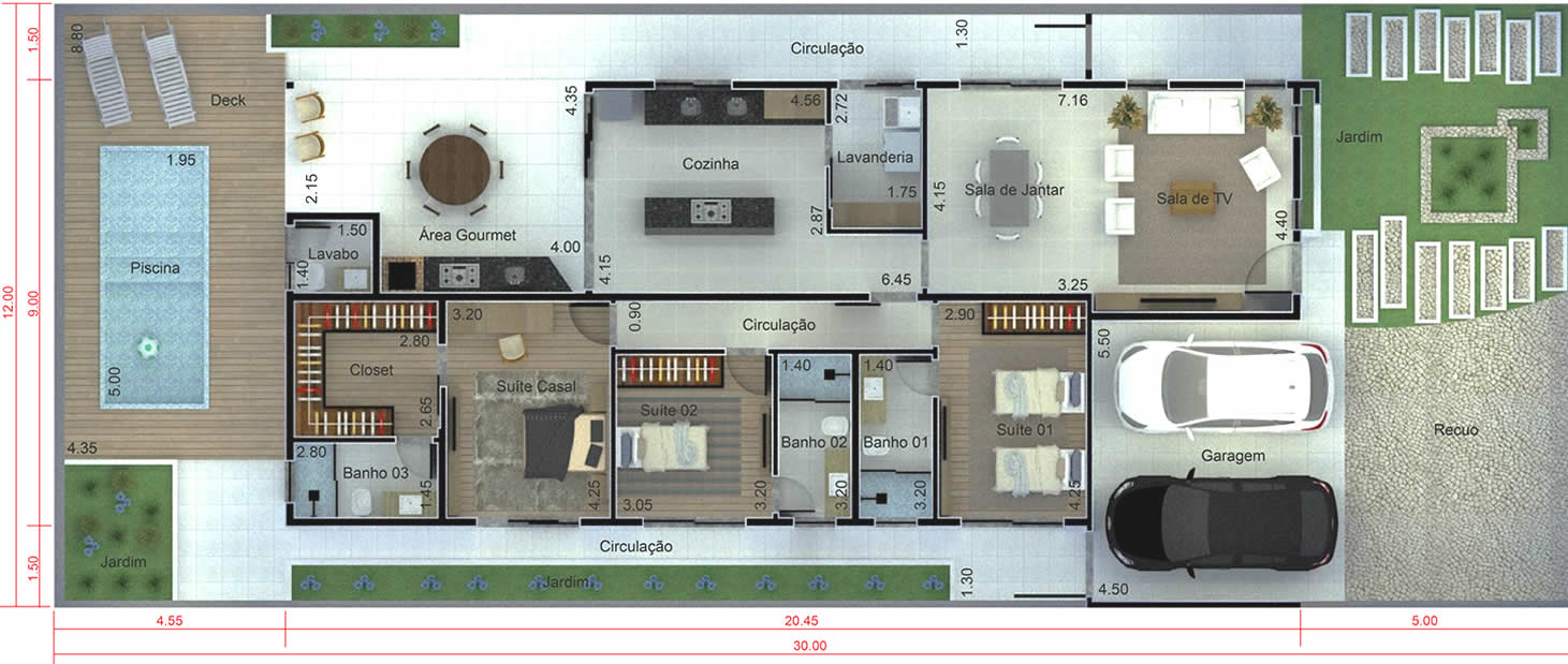 Planta de casa térrea para condomínio. Planta para terreno 12x30