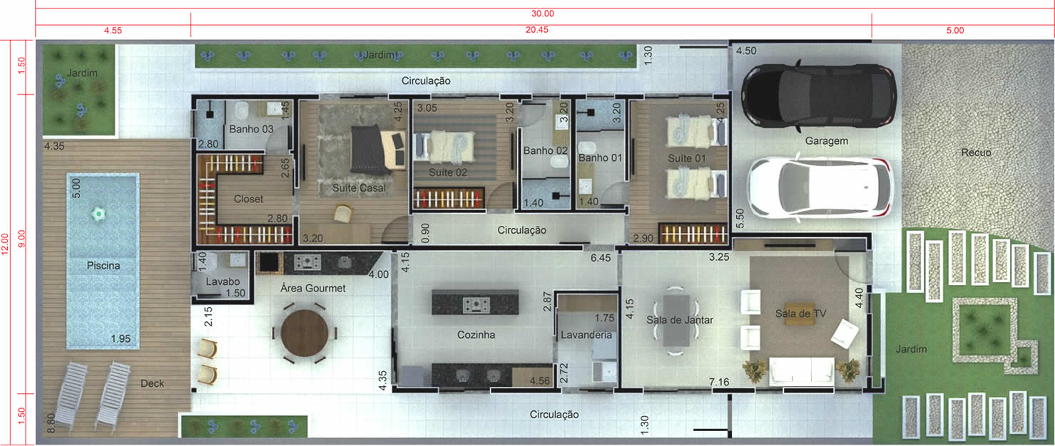 Planta de casa térrea para condomínio. Planta para terreno 12x30