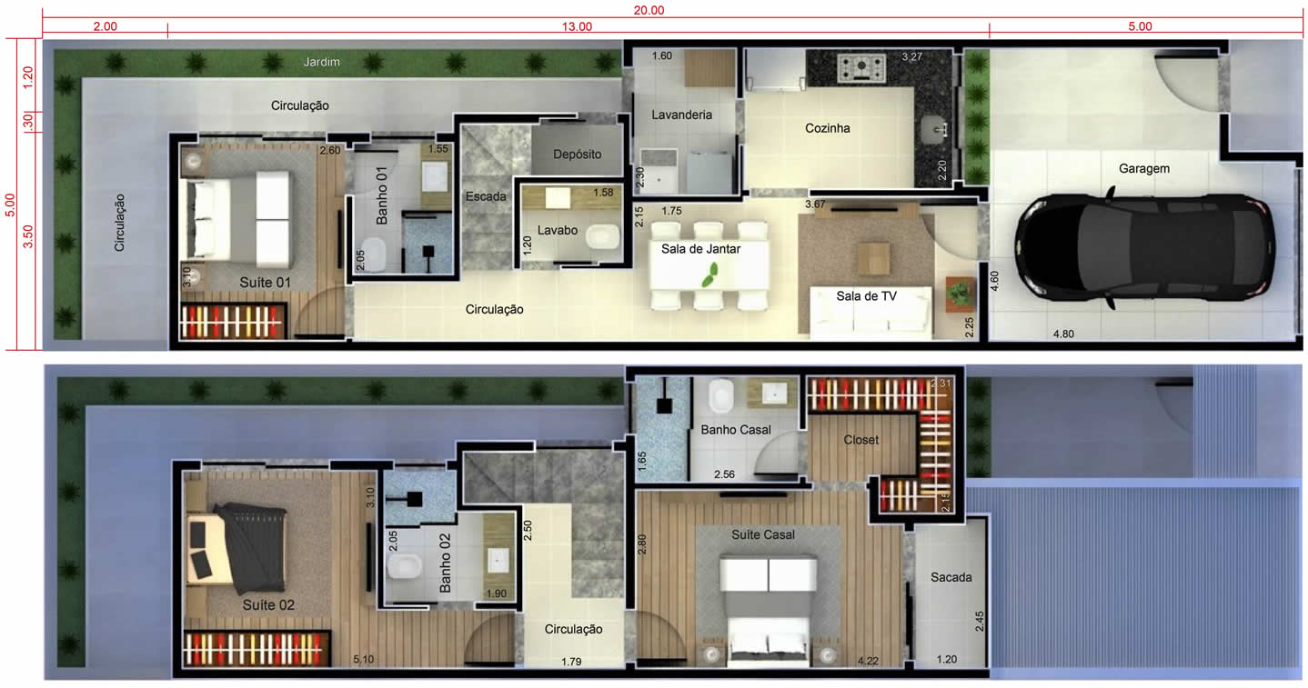 Planta de sobrado com quarto no térreo. Planta para terreno 5x20