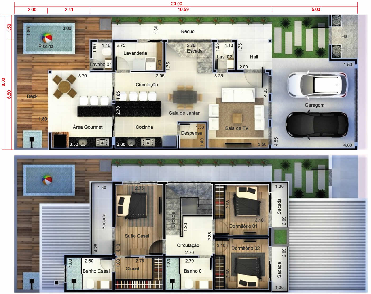 Planta de sobrado com 2 quartos e 1 suíte. Planta para terreno 8x20