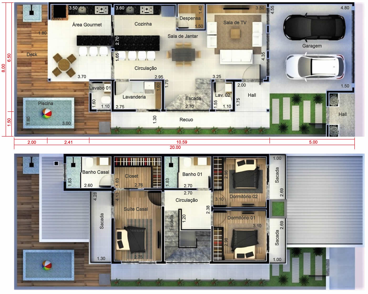 Planta de sobrado com 2 quartos e 1 suíte. Planta para terreno 8x20