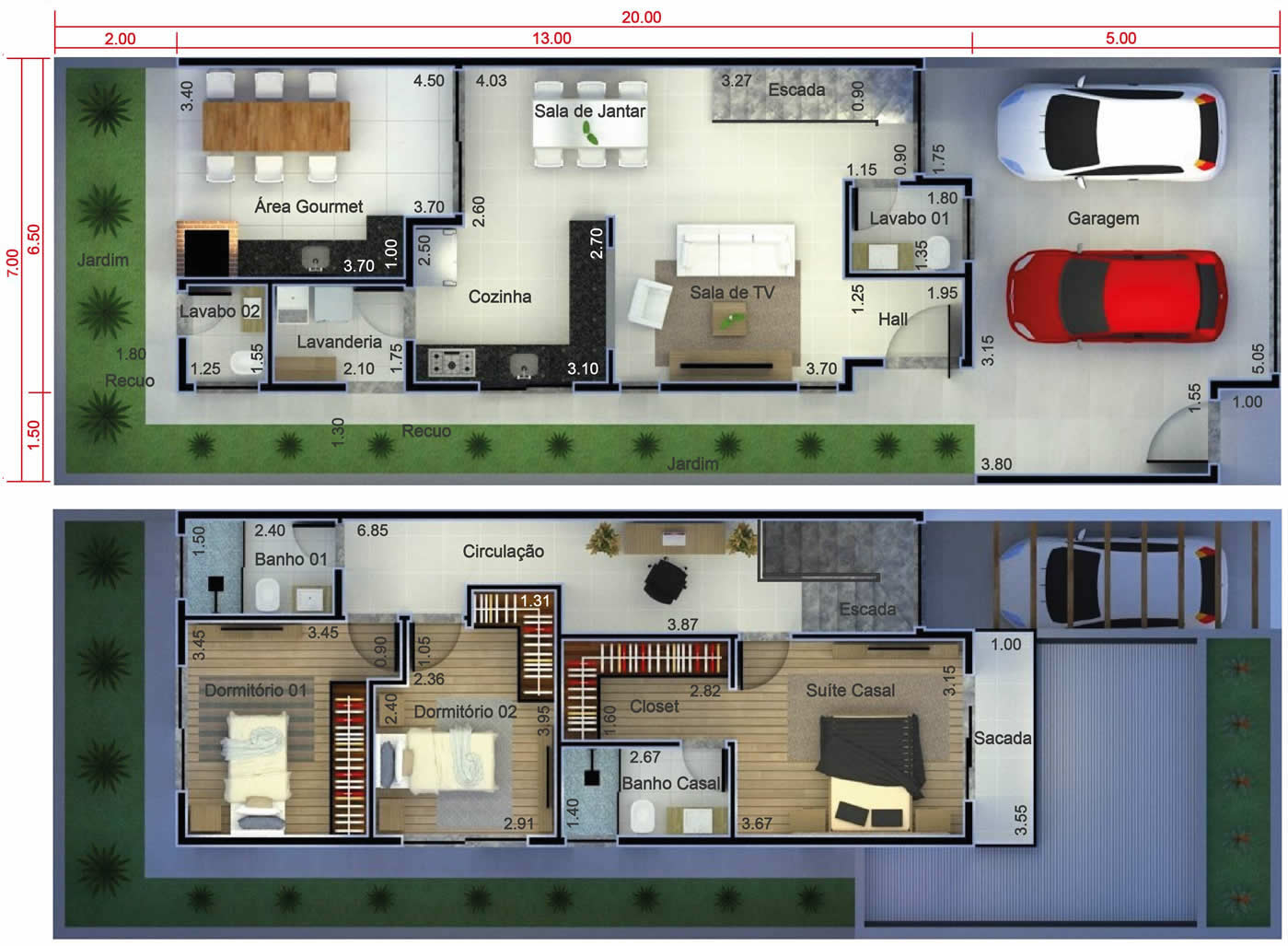 Planta de sobrado para terreno de 7x20 - Projetos de Casas 