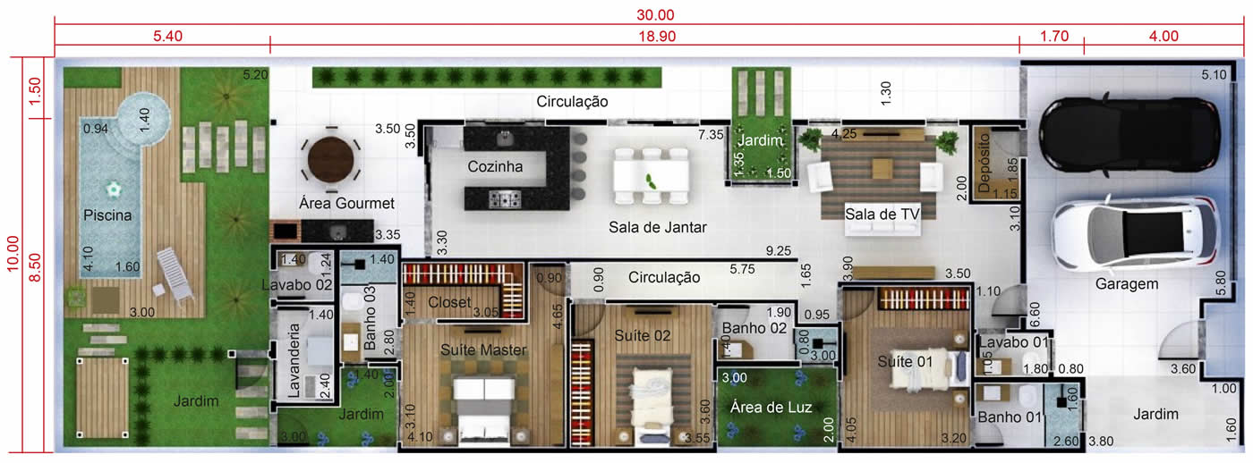 Planta de casa com 3 quartos. Planta para terreno 10x30