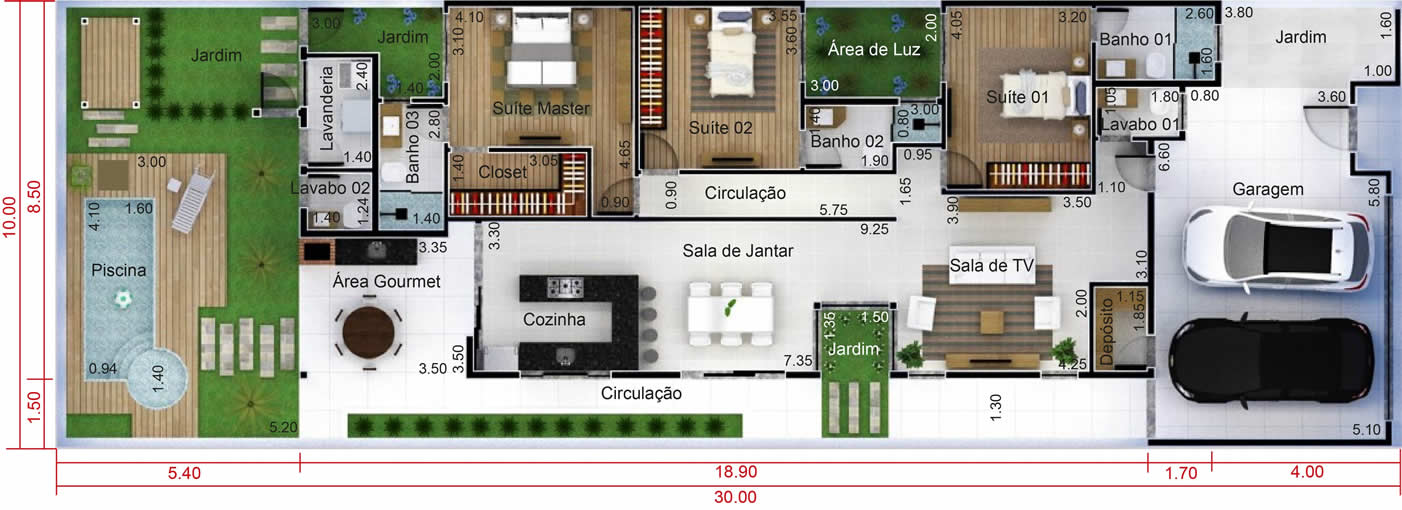 Planta de casa com 3 quartos. Planta para terreno 10x30