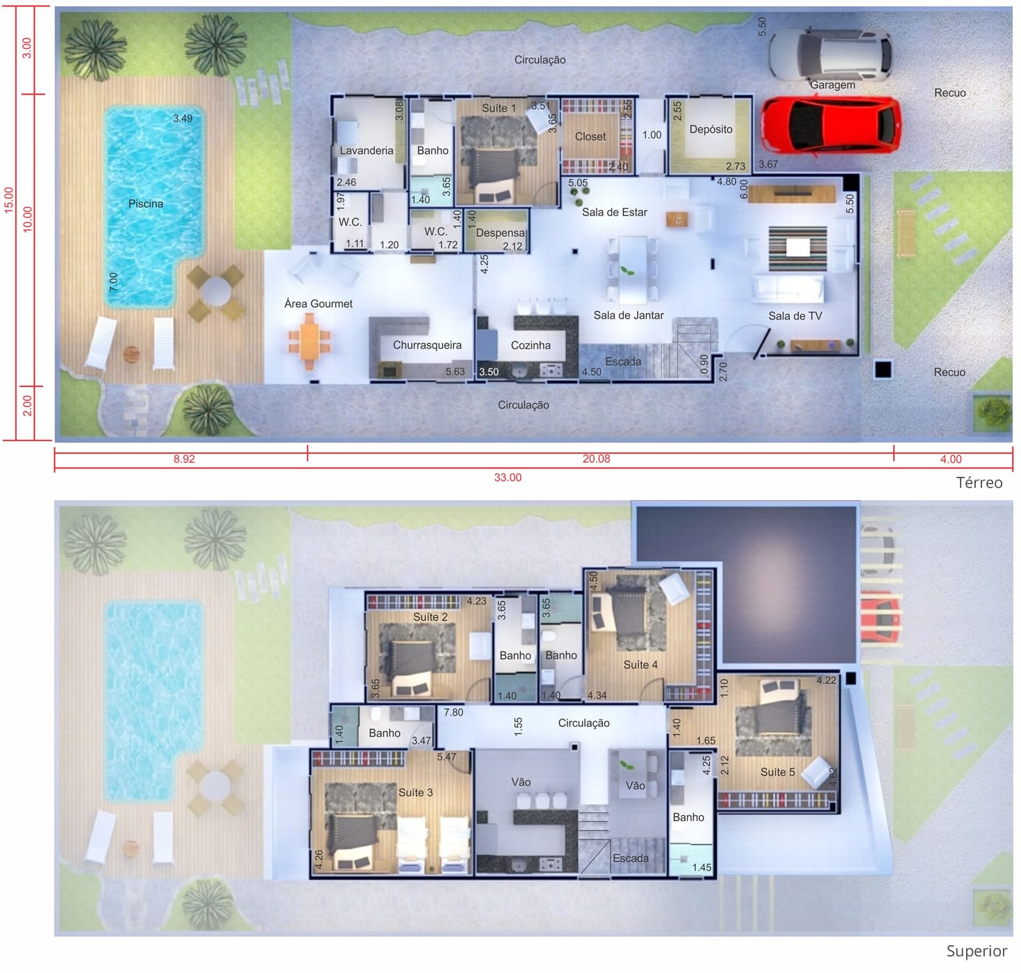 Planta de casa com design moderno. Planta para terreno 15x30