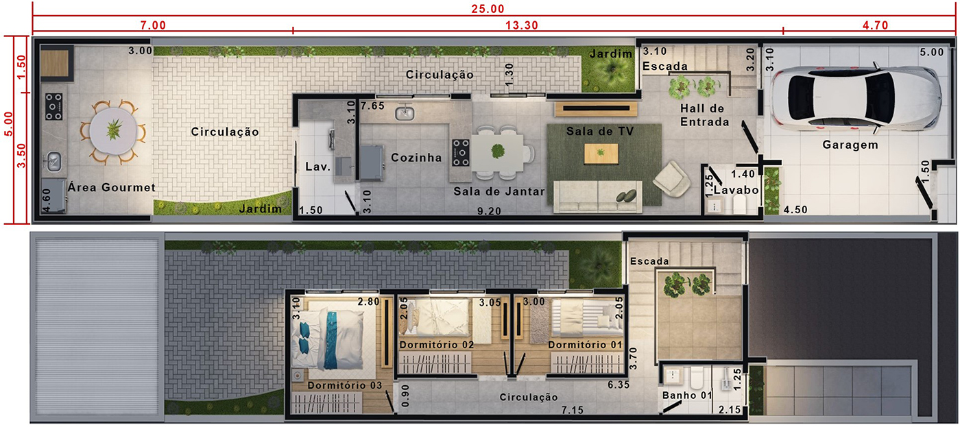 Planta de sobrado com edícula. Planta para terreno 5x25