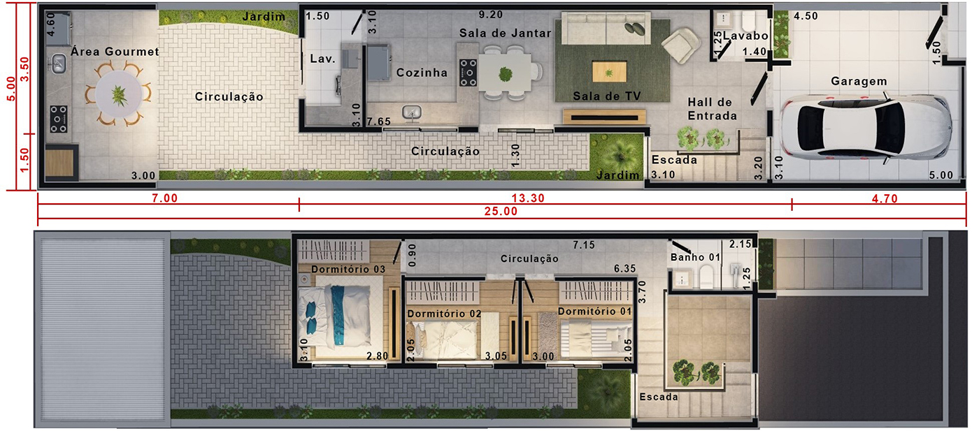 Planta de sobrado com edícula. Planta para terreno 5x25