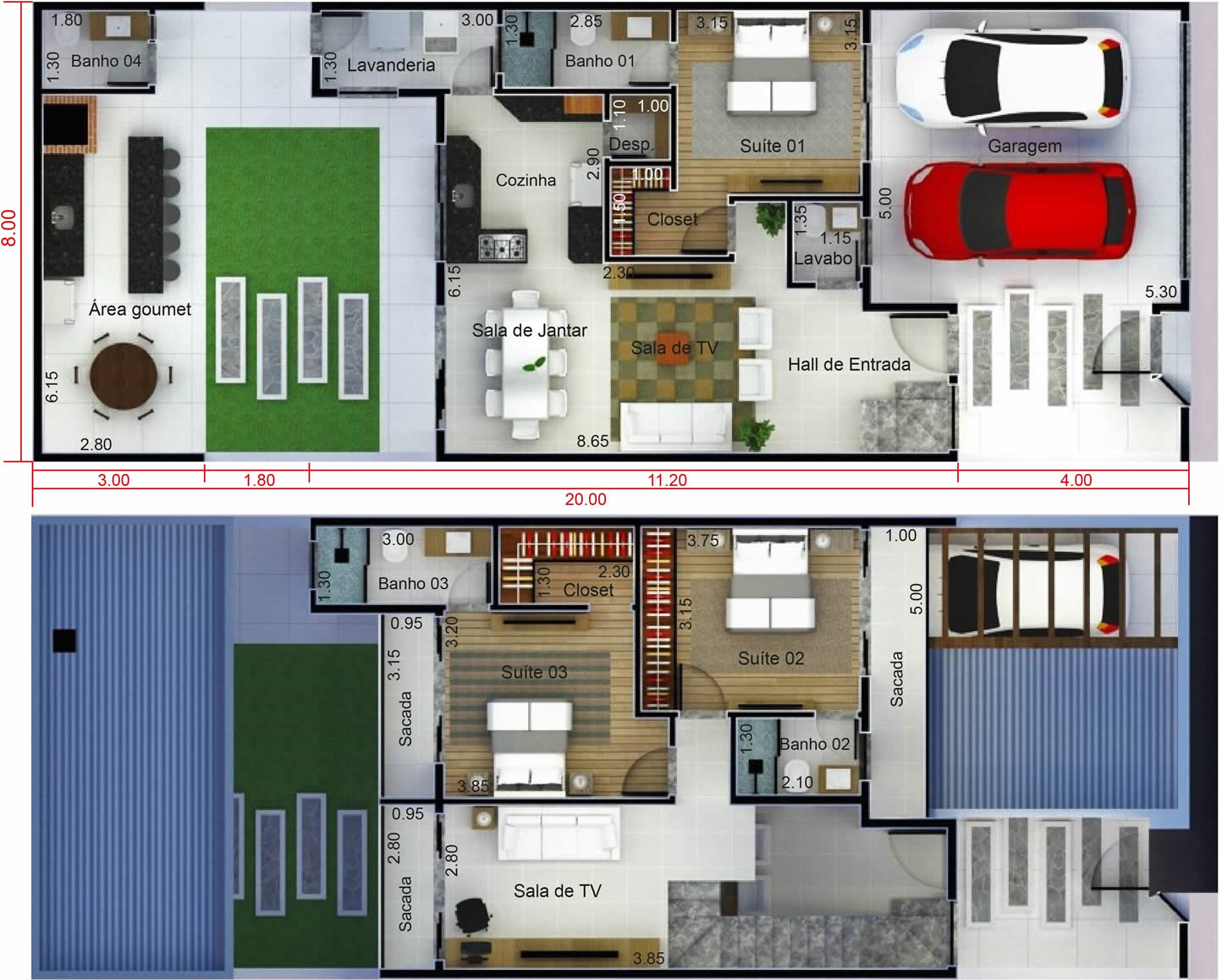 Planta de sobrado com varanda gourmet. Planta para terreno 8x20