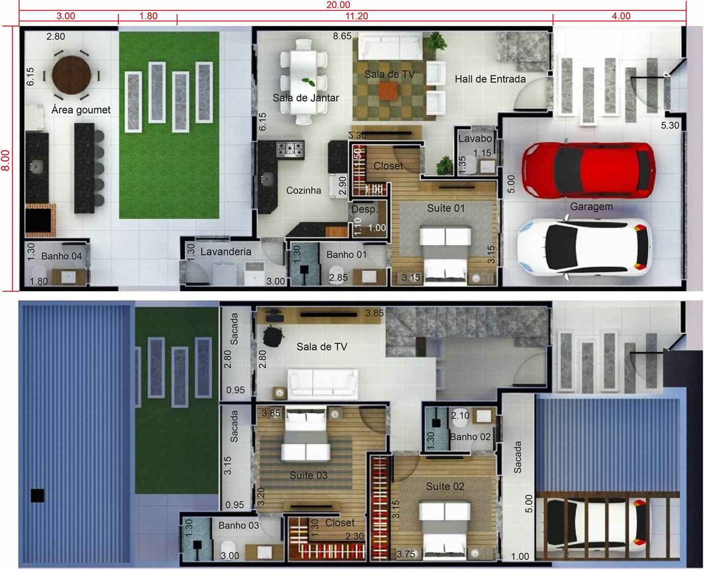 Planta de sobrado com varanda gourmet. Planta para terreno 8x20