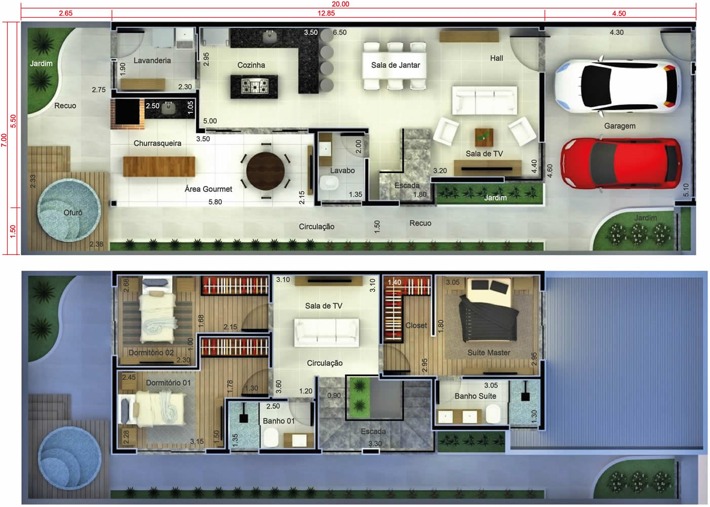 Planta de sobrado com deck e ofurô. Planta para terreno 7x20