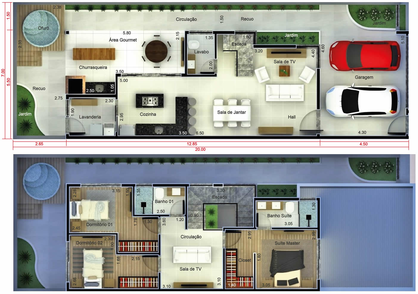 Planta de sobrado com deck e ofurô. Planta para terreno 7x20