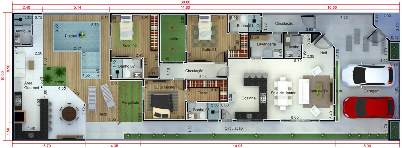 Planta de casa térrea com edícula e piscina. Planta para terreno 10x30