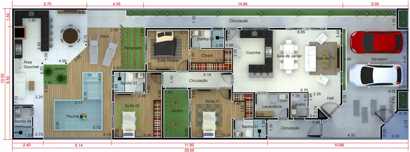 Planta de casa térrea com edícula e piscina. Planta para terreno 10x30