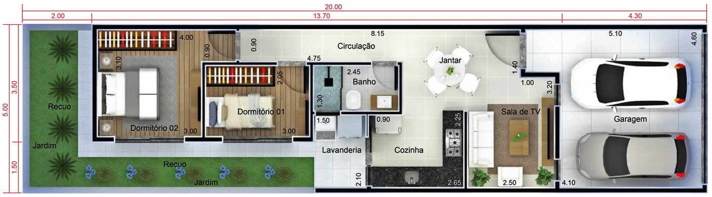 Planta de casa para vender ou alugar. Planta para terreno 5x20