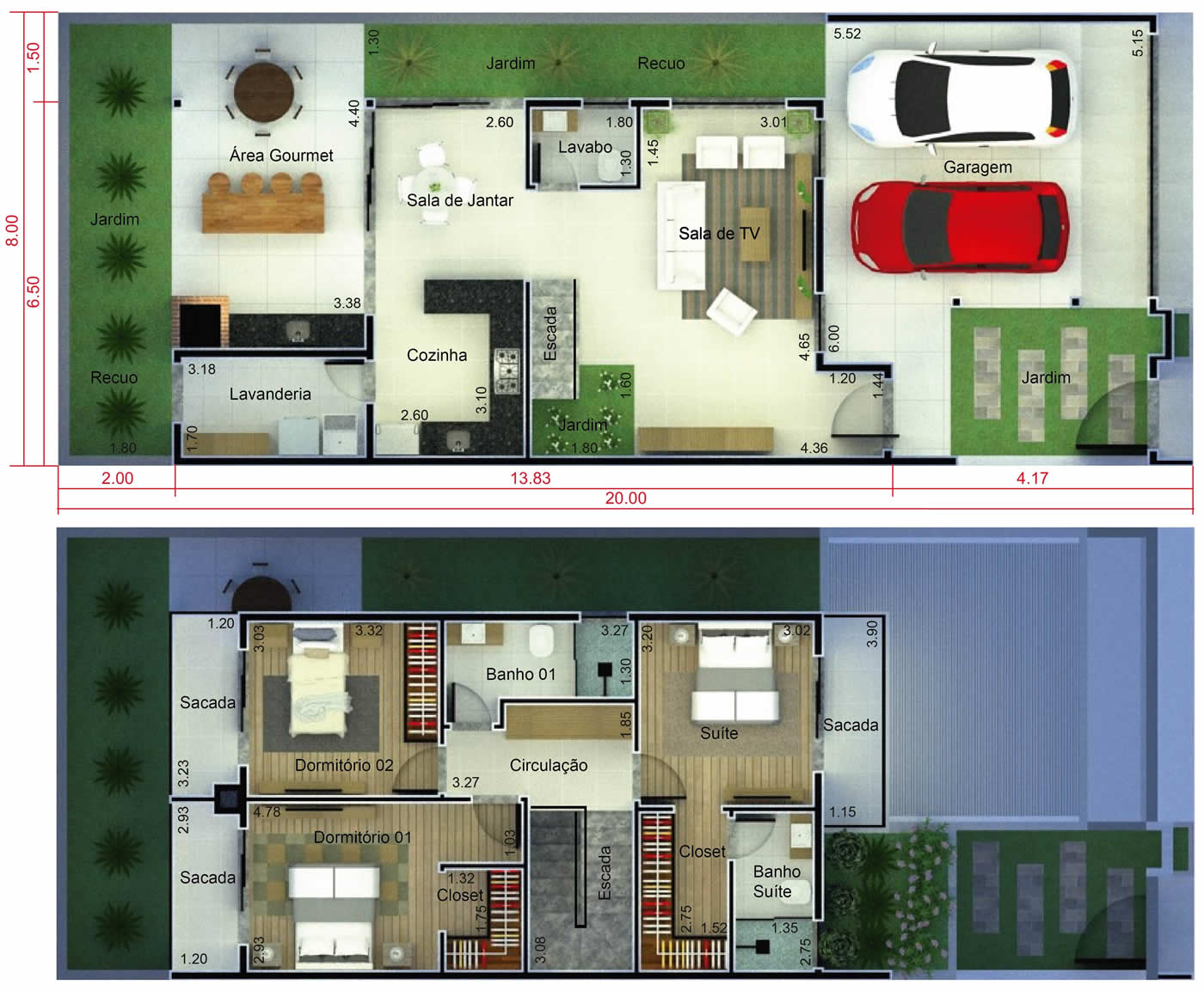 Planta de casa com 3 quartos com sacada. Planta para terreno 8x20