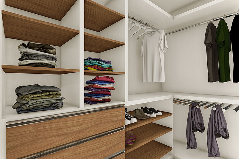 Closet moderno com divisórias e gavetas