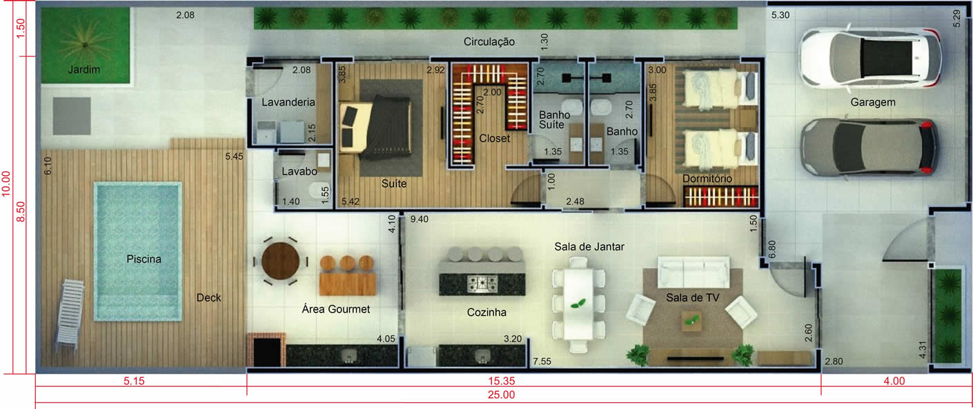 Planta de casa térrea com 1 quarto e 1 suíte. Planta para terreno 10x25