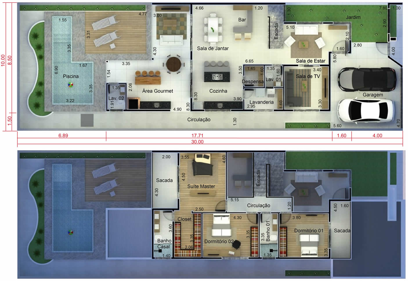 Planta de sobrado com mezanino na sala. Planta para terreno 10x30