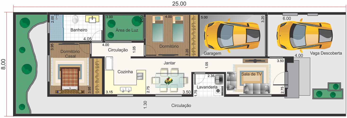 Planta de casa térrea c/ 2 dormitórios. Planta para terreno 8x25