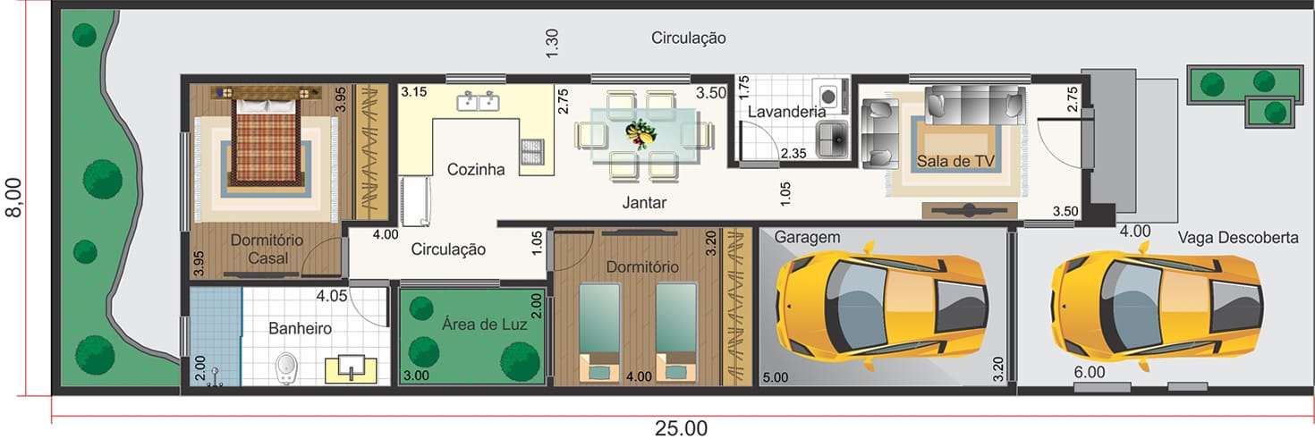 Planta de casa térrea c/ 2 dormitórios. Planta para terreno 8x25