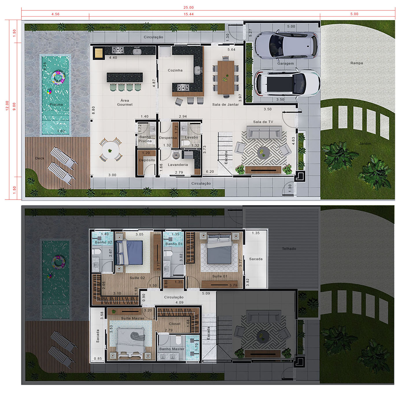 Planta de casa clean. Planta para terreno 12x25