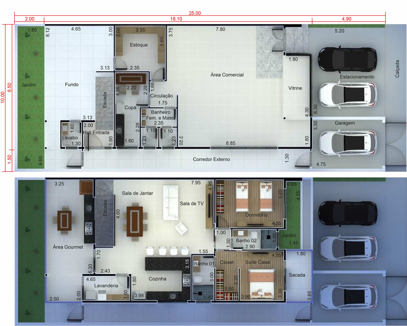 Planta de comércio com residência. Planta para terreno 10x25