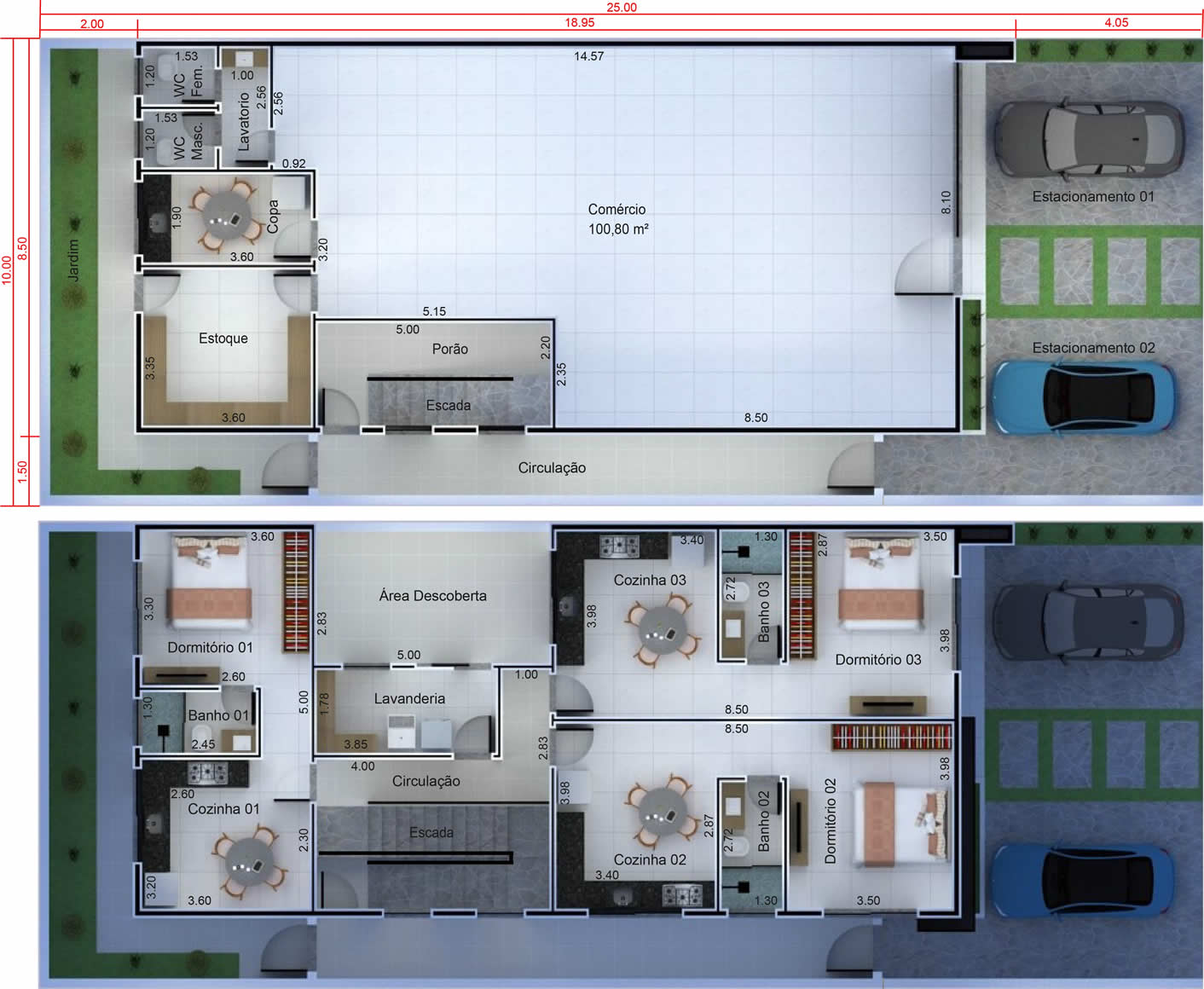 Planta comercial com loja mais 3 kitnets. Planta para terreno 10x25