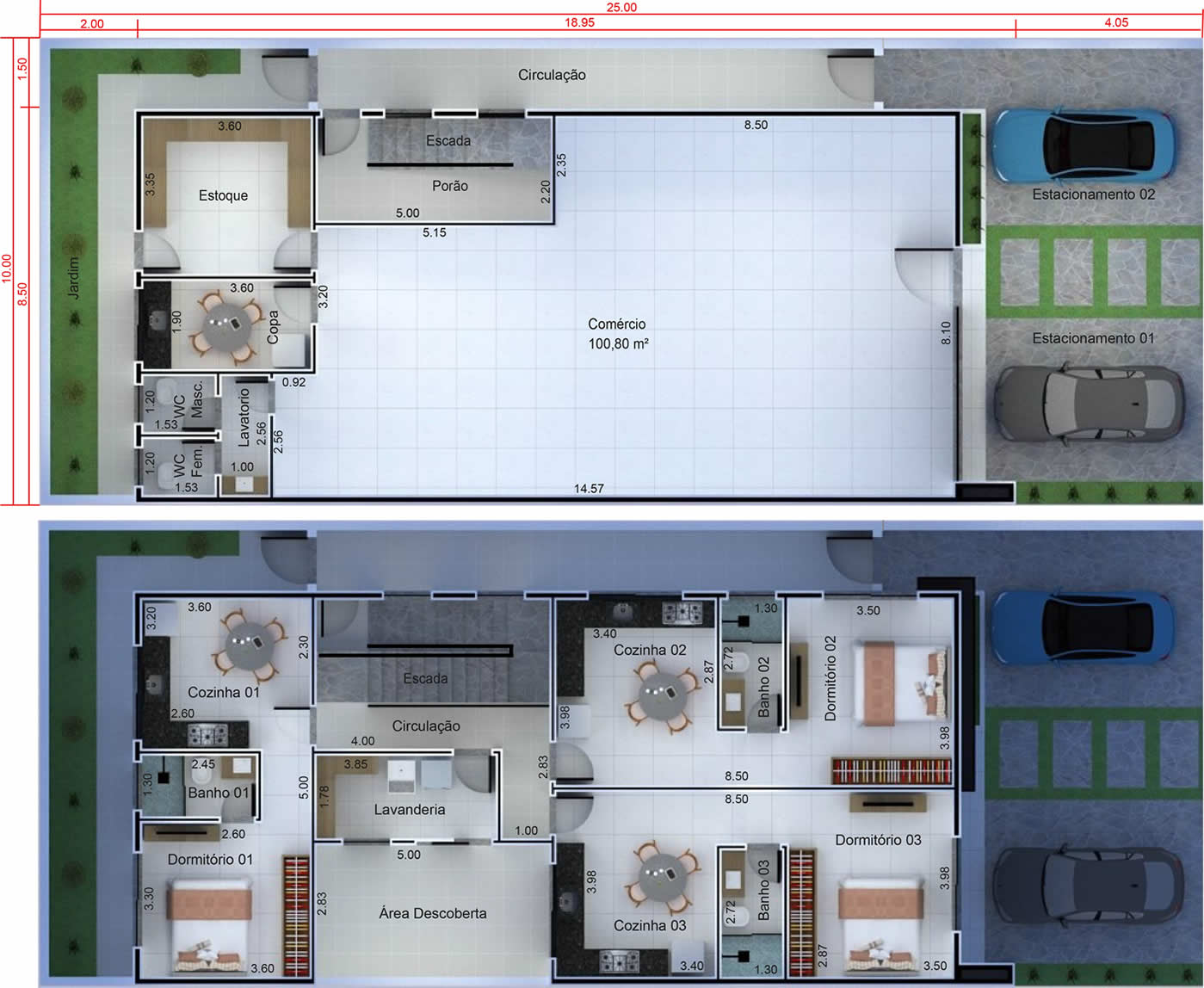 Planta comercial com loja mais 3 kitnets. Planta para terreno 10x25