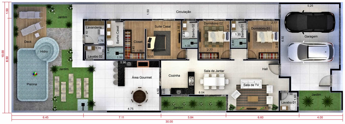 Planta de casa com 3 quartos e closet. Planta para terreno 10x30