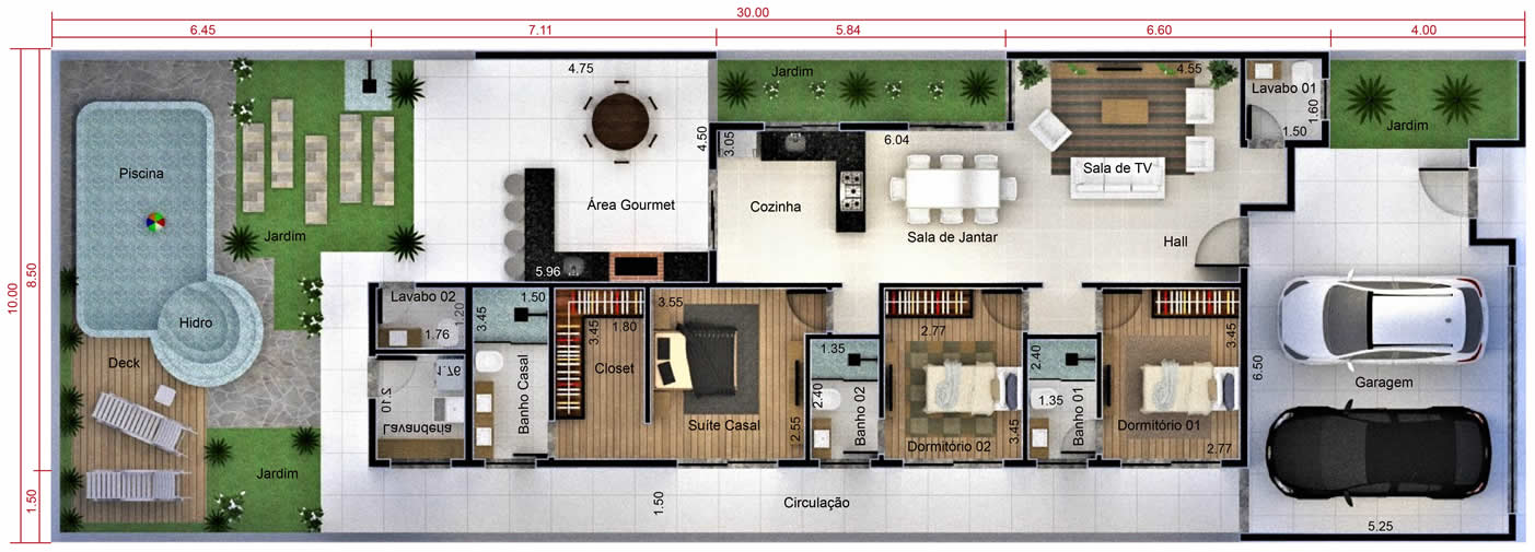 Planta de casa com 3 quartos e closet. Planta para terreno 10x30