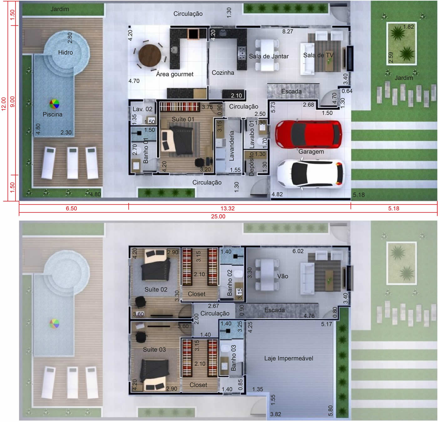 Planta de sobrado com cozinha gourmet. Planta para terreno 12x25