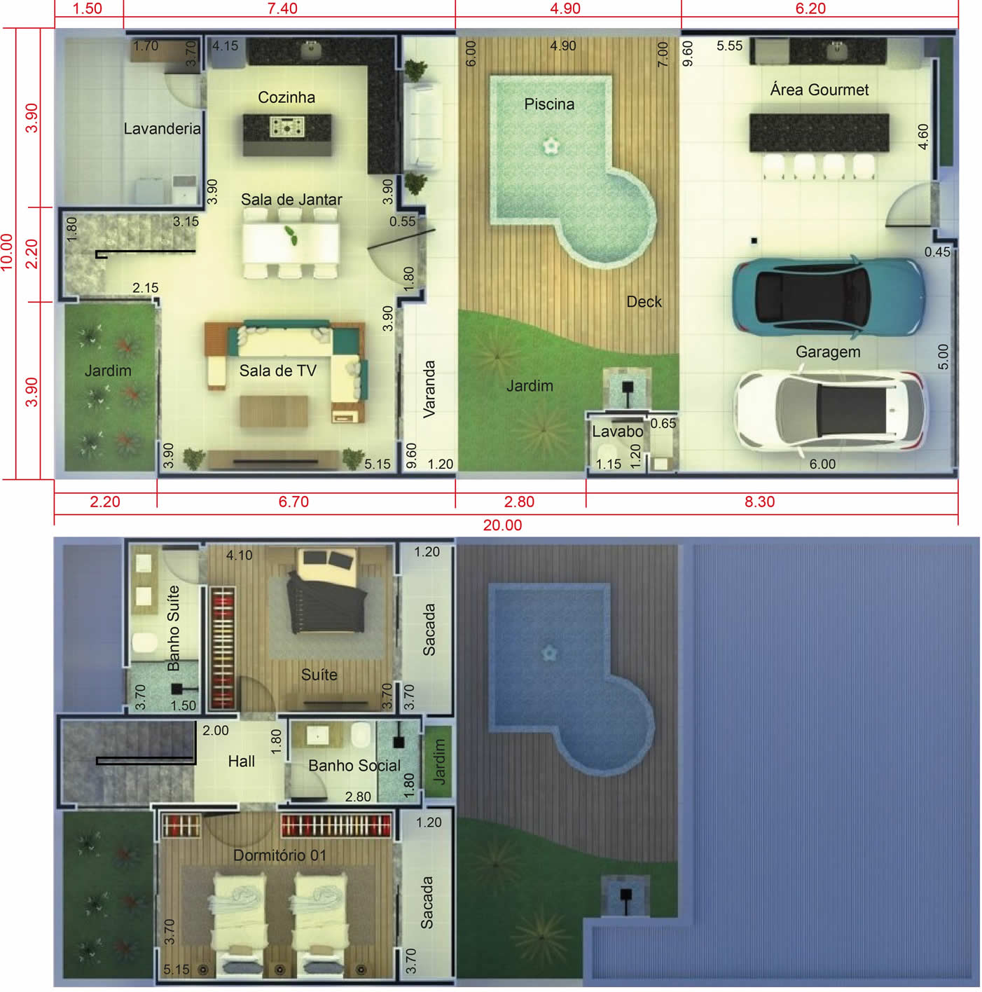 Planta de casa com piscina na frente. Planta para terreno 10x20