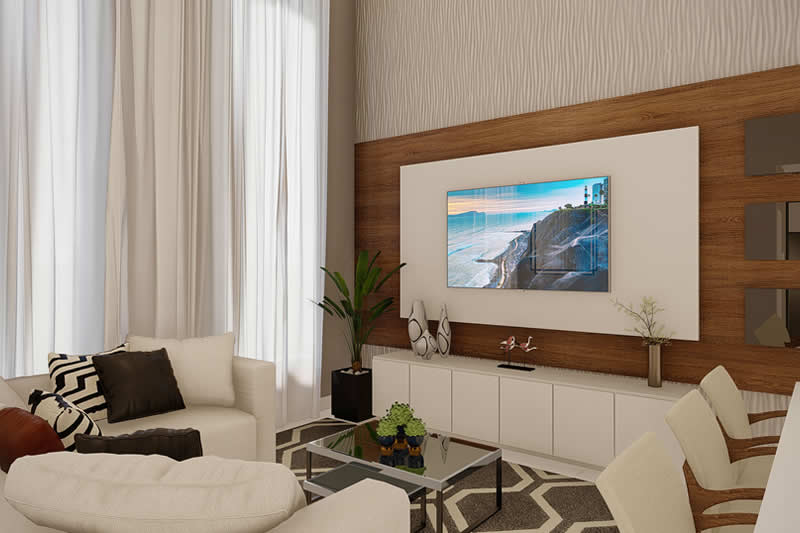 Sala de TV moderna com papel de parede e cortina