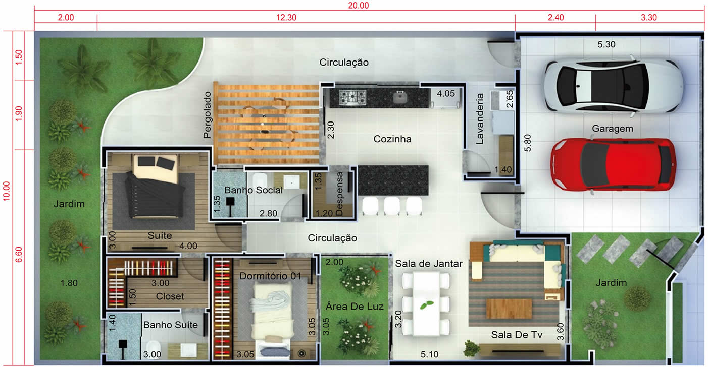 Planta de casa moderna com 2 quartos. Planta para terreno 10x20