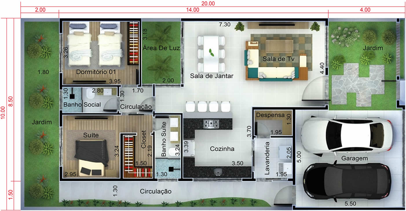 Planta de casa com 2 banheiros. Planta para terreno 10x20