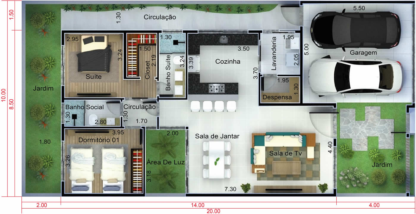 Planta de casa com 2 banheiros. Planta para terreno 10x20