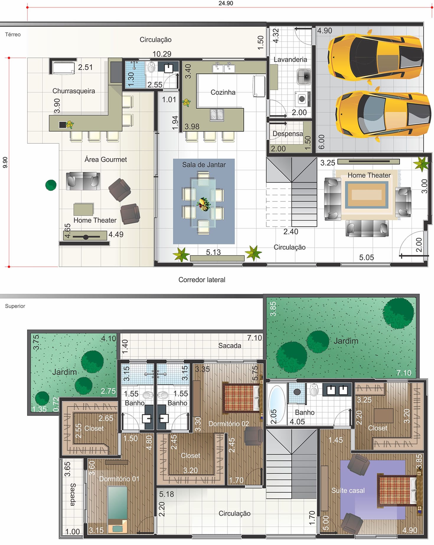 Planta de casa em estilo clássico. Planta para terreno 13x30