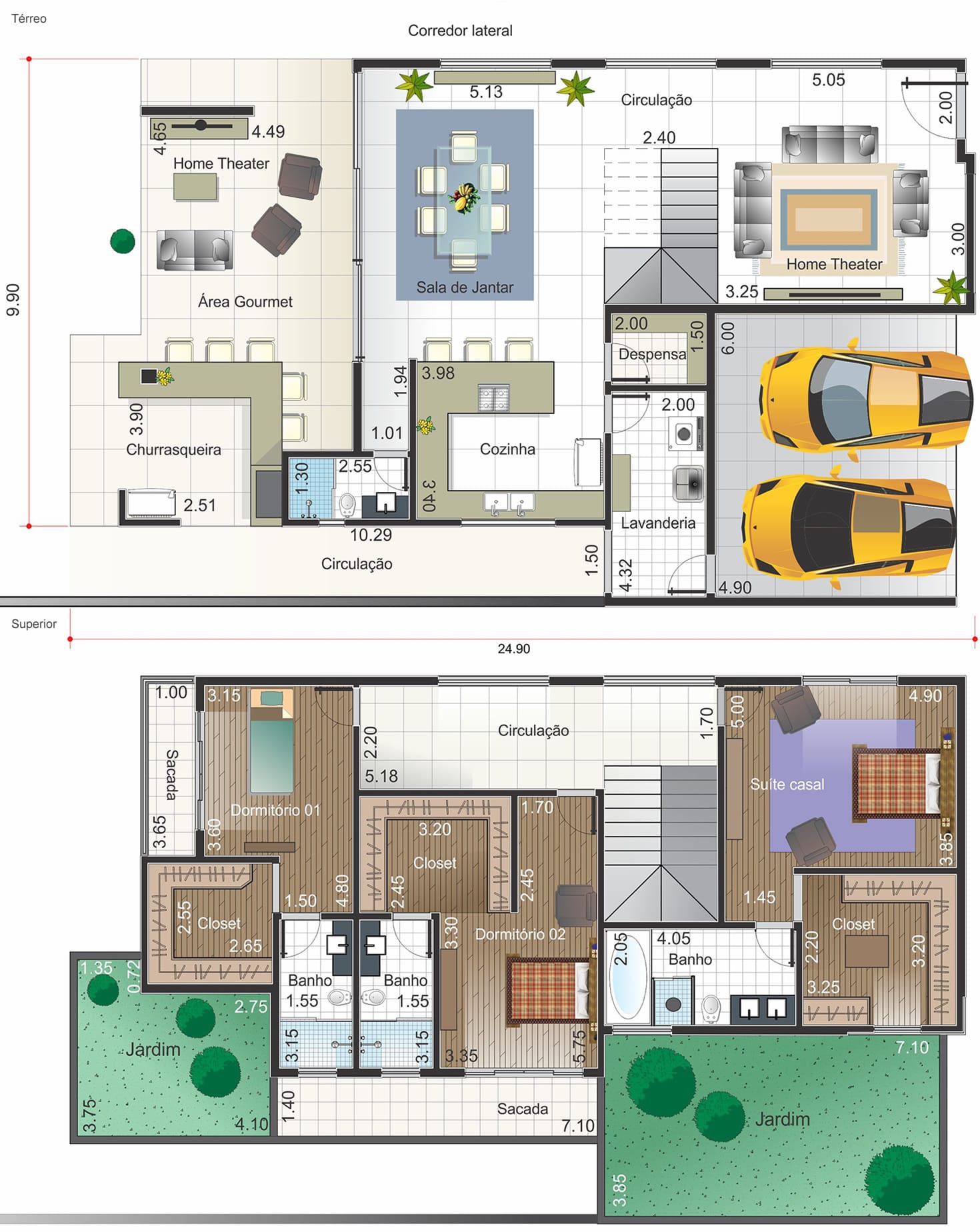 Planta de casa em estilo clássico. Planta para terreno 13x30