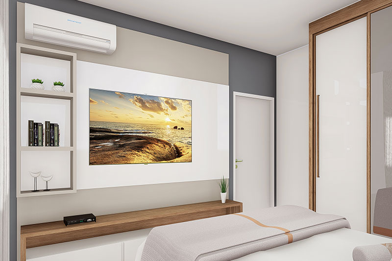 Quarto com painel de madeira branco