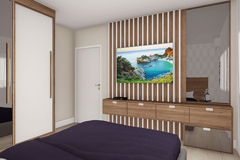 Quarto com painel em madeira e espelho