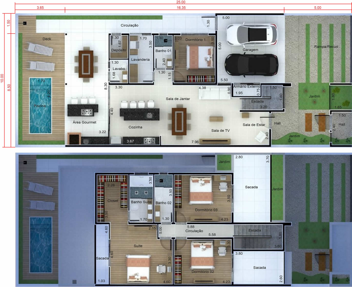 Planta de sobrado para condomínio fechado. Planta para terreno 10x25