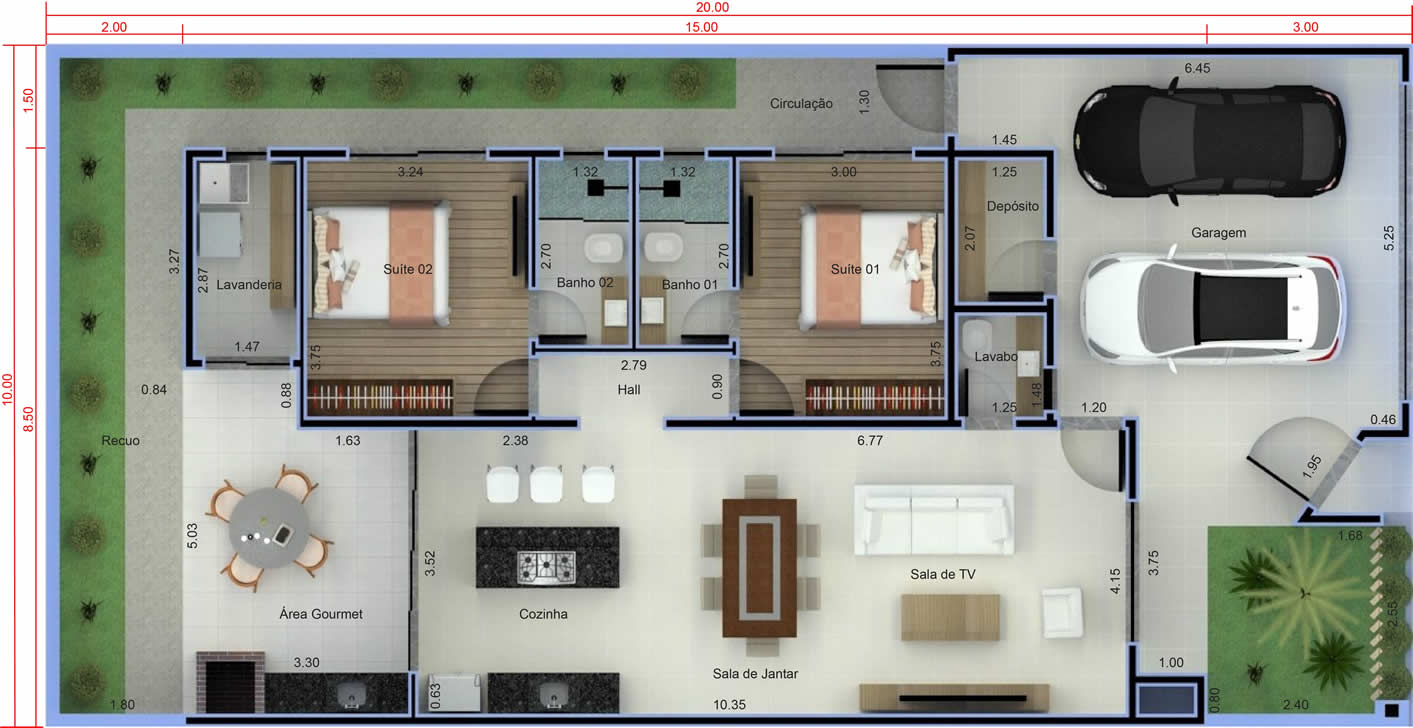 Planta de casa com 2 quartos e área de lazer. Planta para terreno 10x20