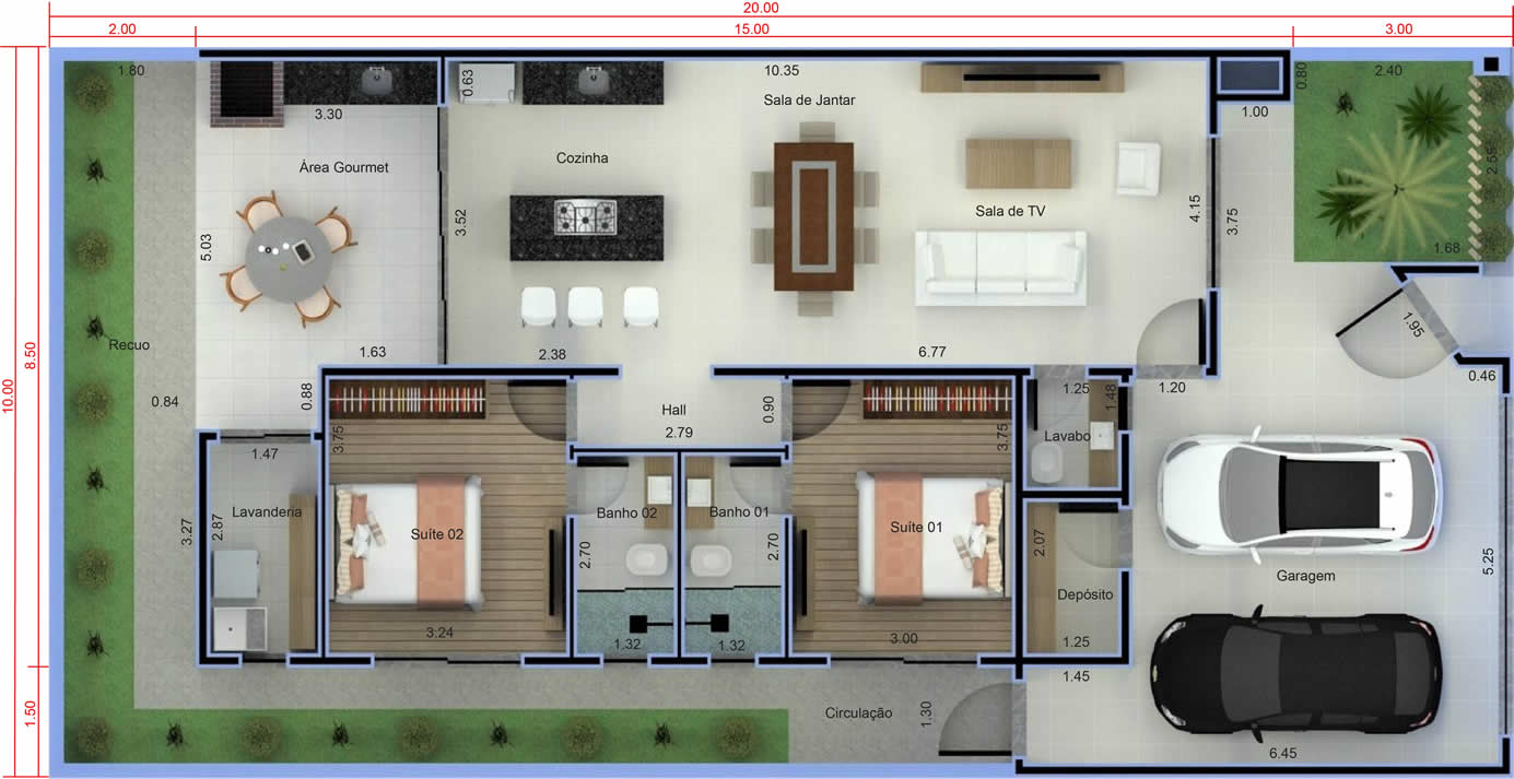 Planta de casa com 2 quartos e área de lazer. Planta para terreno 10x20