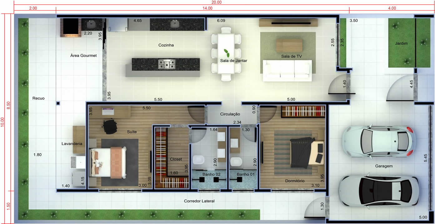 Planta de casa pequena com garagem. Planta para terreno 10x20