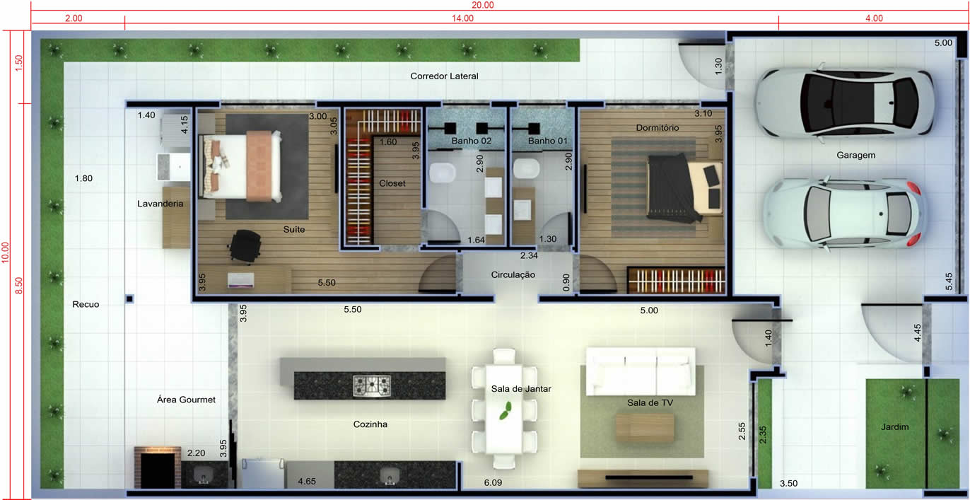 Planta de casa pequena com garagem. Planta para terreno 10x20