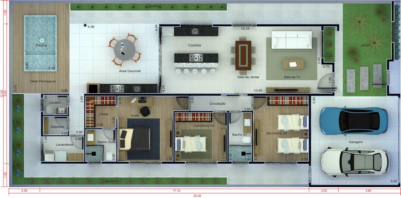 Planta de casa com 3 quartos e piscina. Planta para terreno 12x25