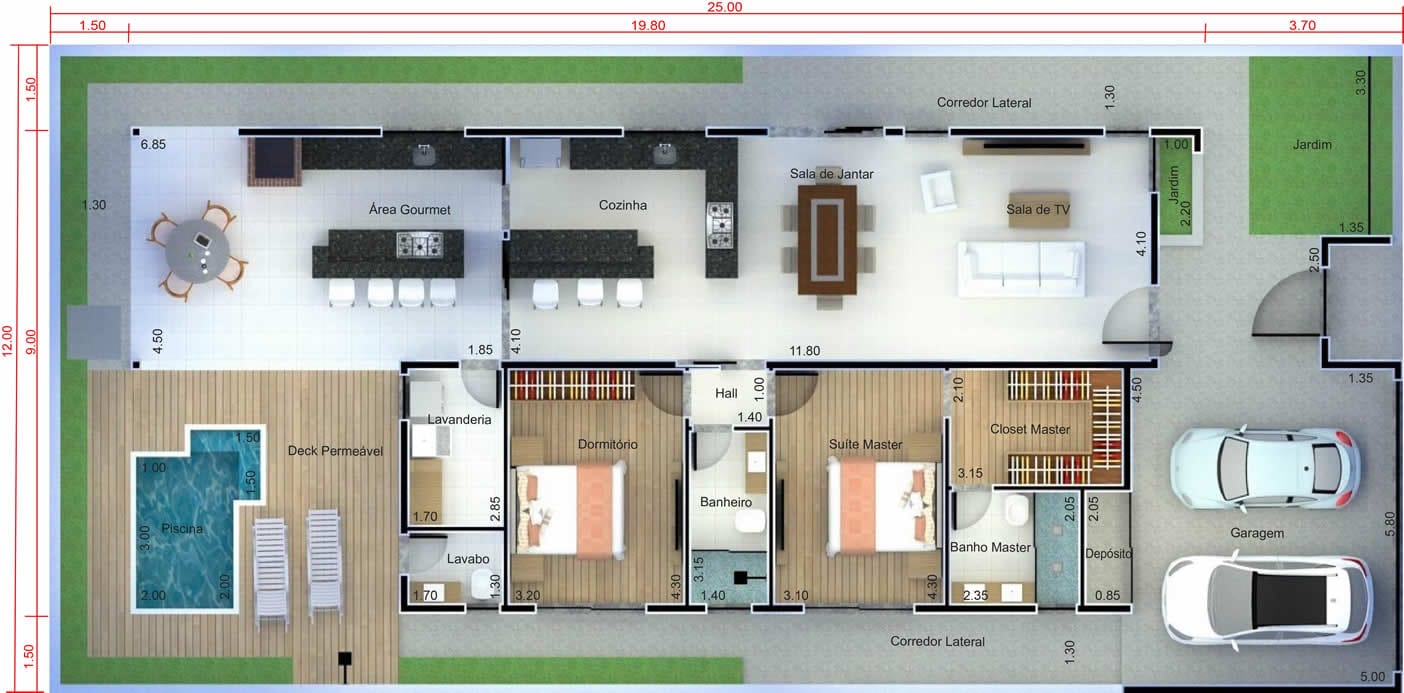 Planta de casa com quarto na frente. Planta para terreno 12x25